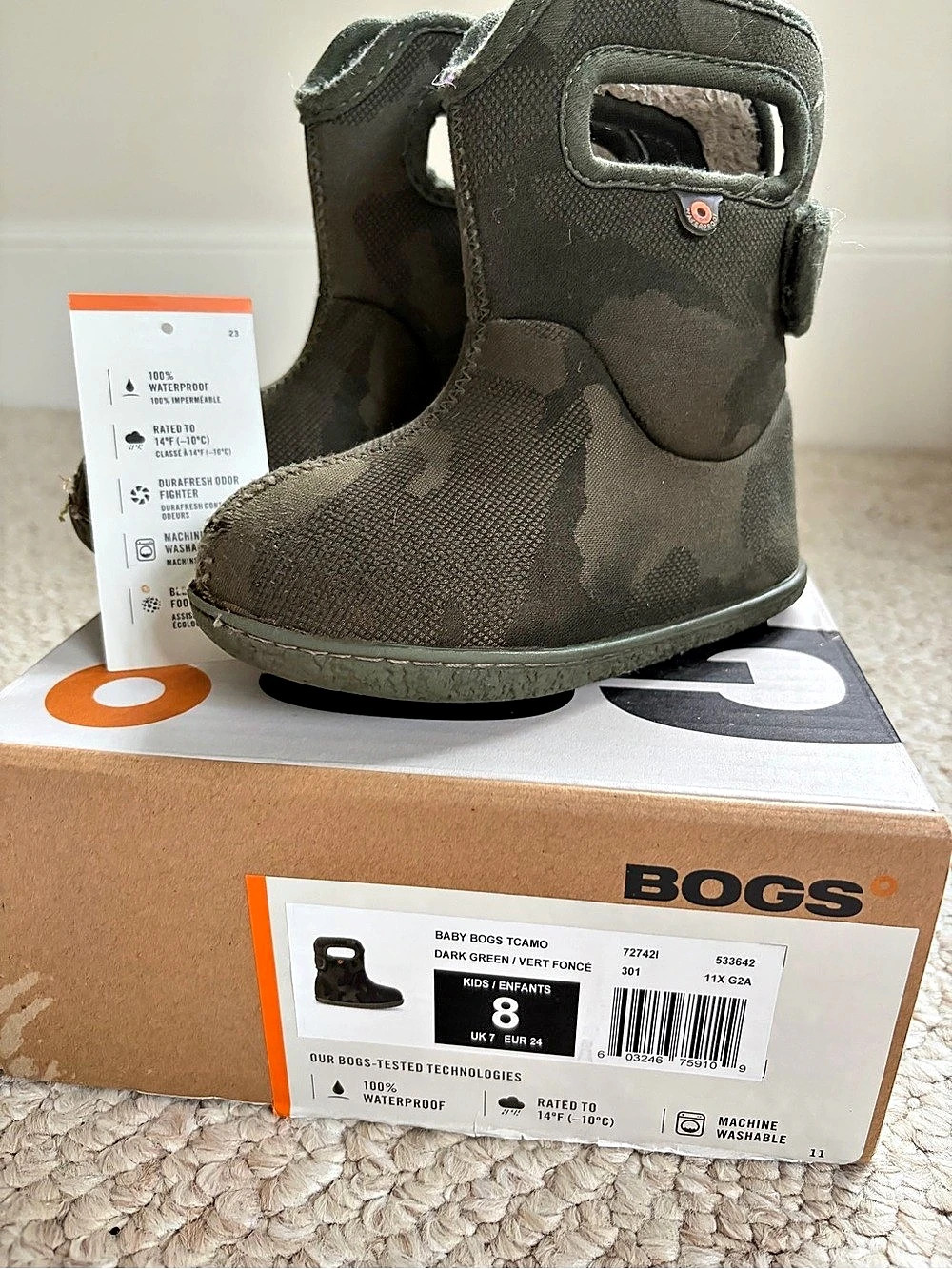 Baby BOGS Classic Boot Camo Waterproof Boys US 8